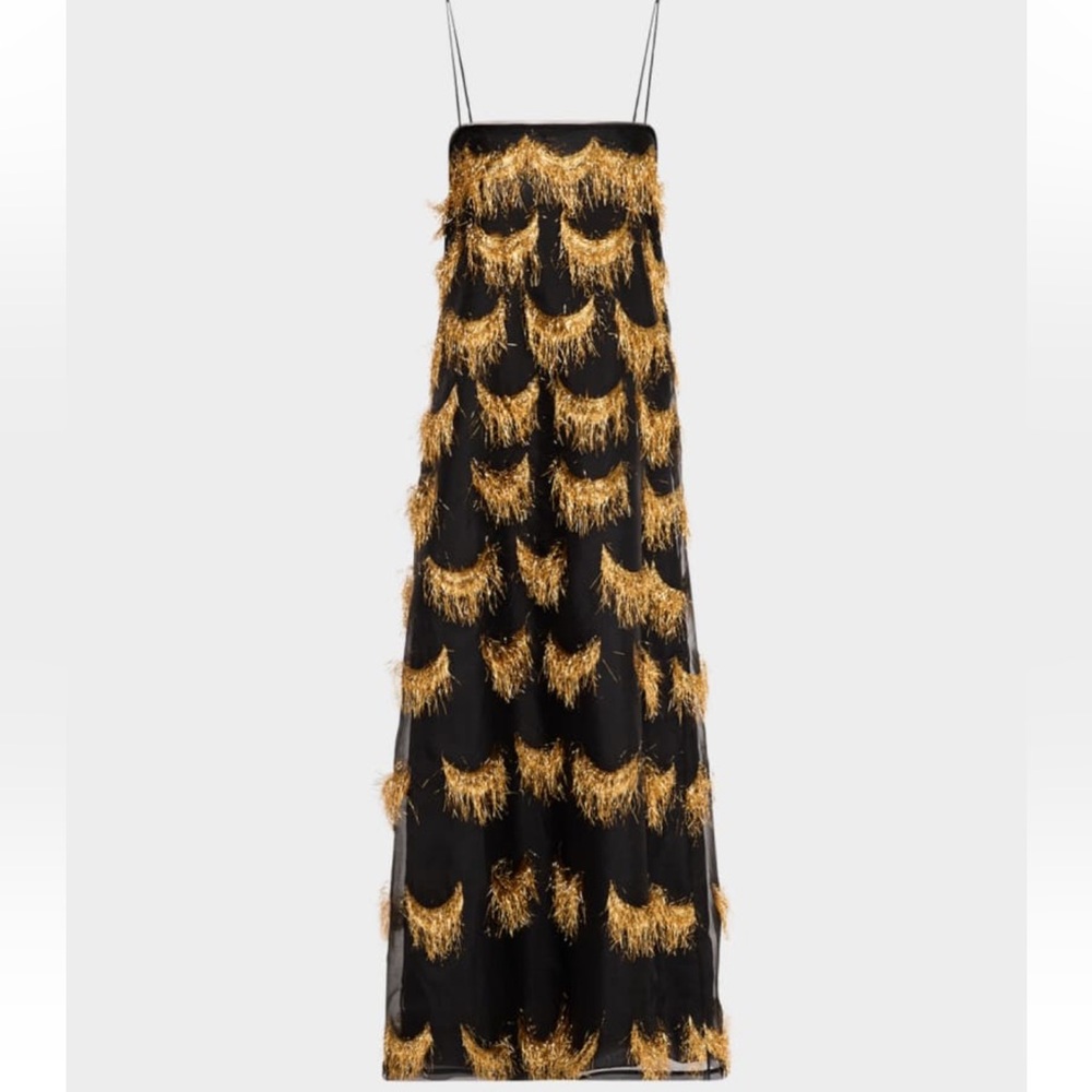 Ulla Johnson Orianne Metallic Black and Gold Fringe Dress NWT